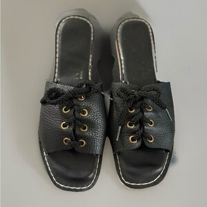USA made Black Leather Slide-On Sandals with Gold Eyelets